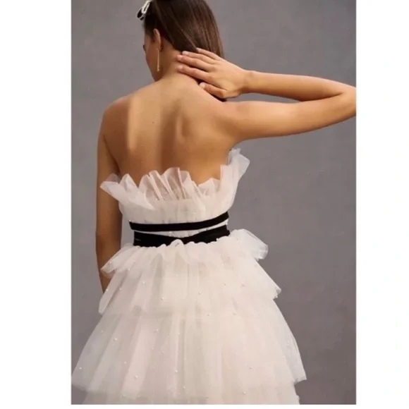 Maeve White Strapless Tiered Tulle Cocktail Mini Dress by Anthropologie - Picture 7 of 11
